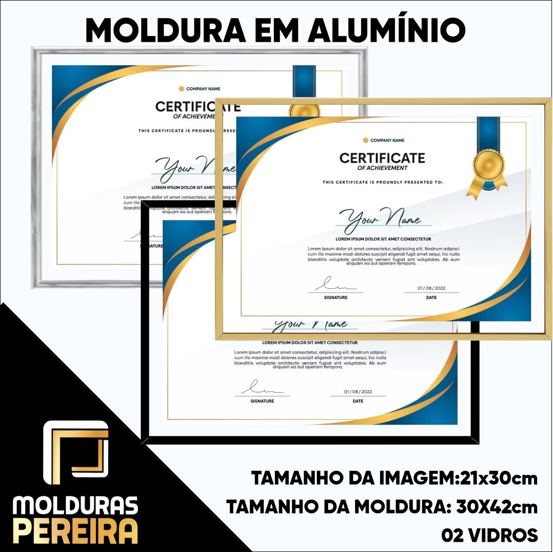 Moldura em Alumínio para Certificados e Diplomas - Tamanho 30x42cm